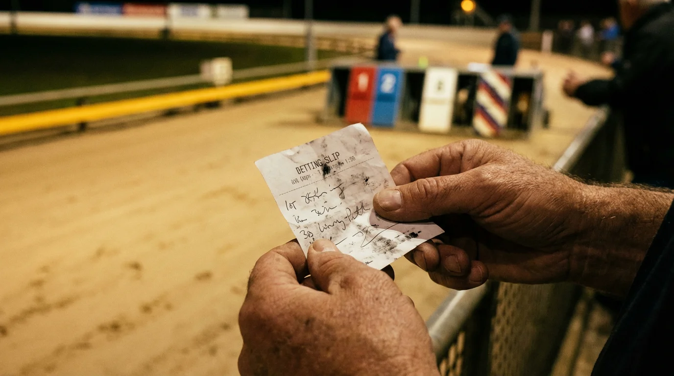 Greyhound bet types explained — betting slip with race selections at a UK dog track