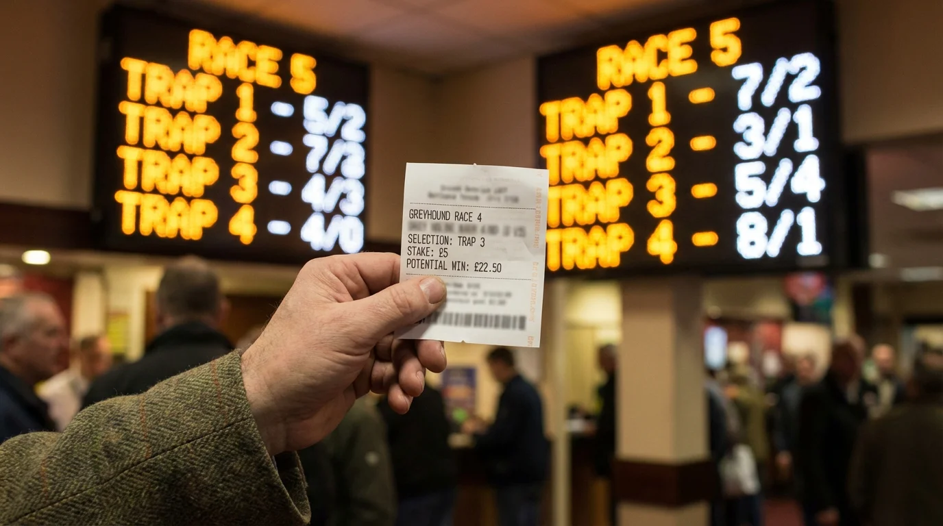 Betting slip and odds board at a greyhound racing track in the UK