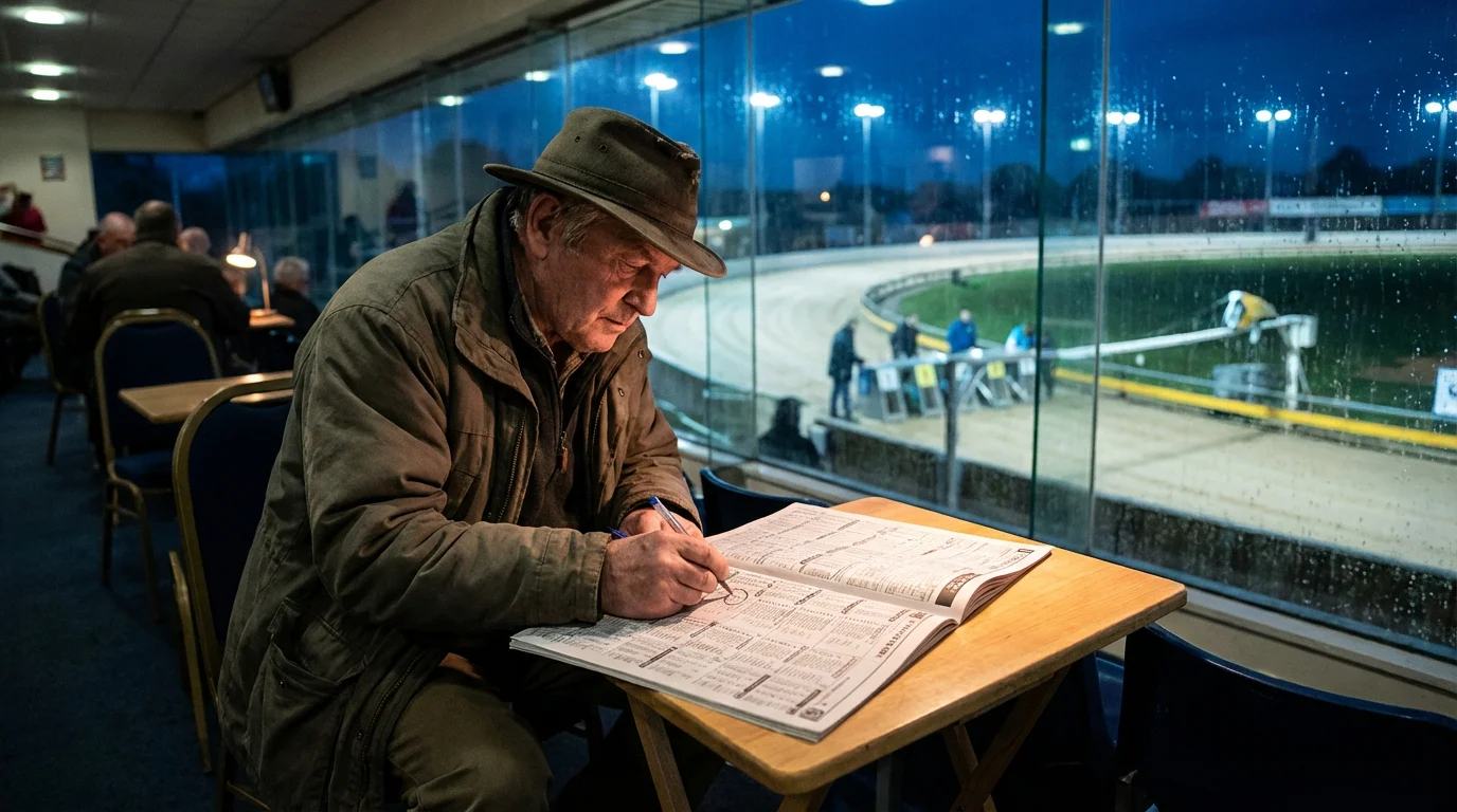 Punter studying greyhound form guide and race programme before placing a bet
