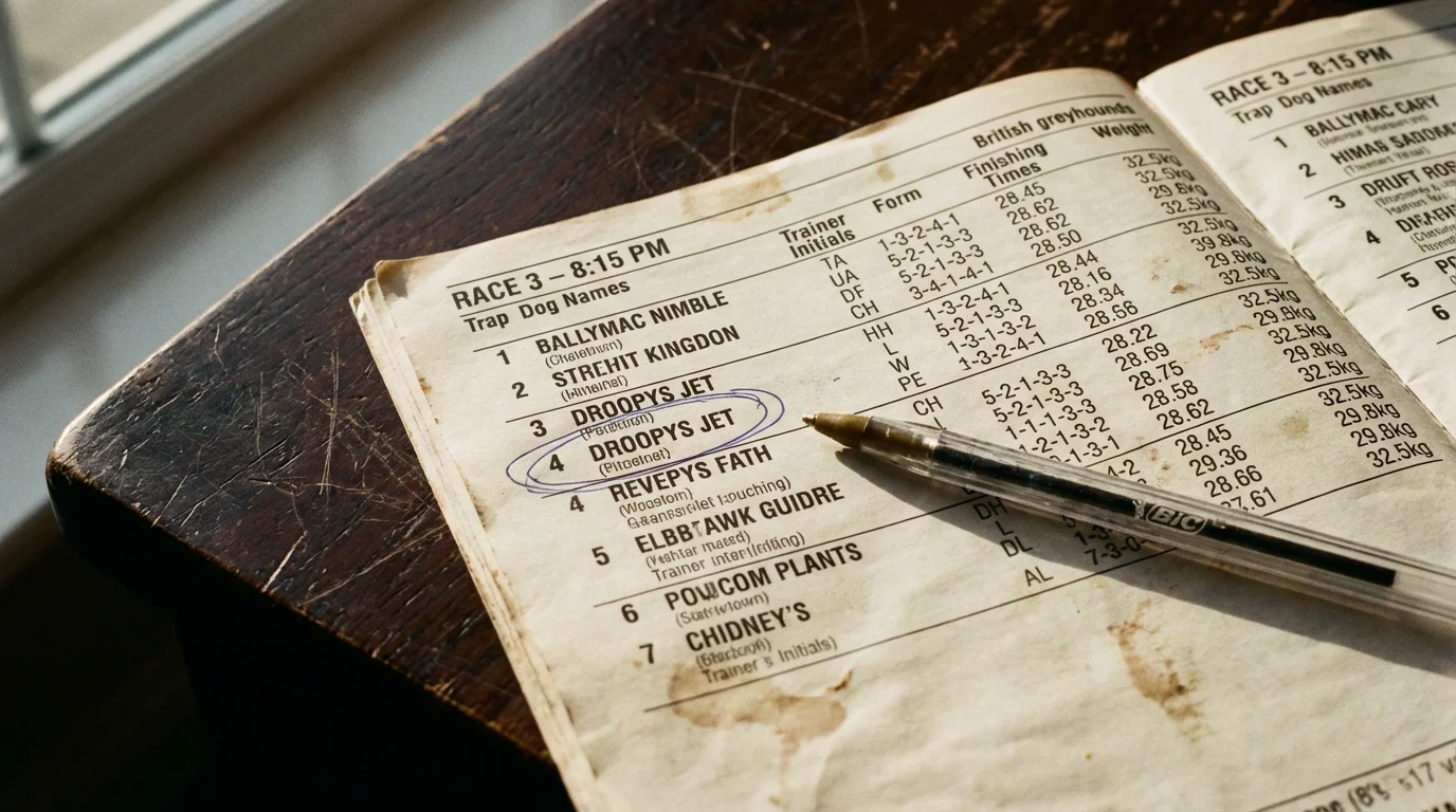 Close-up of a printed greyhound racecard showing form figures and trap draws