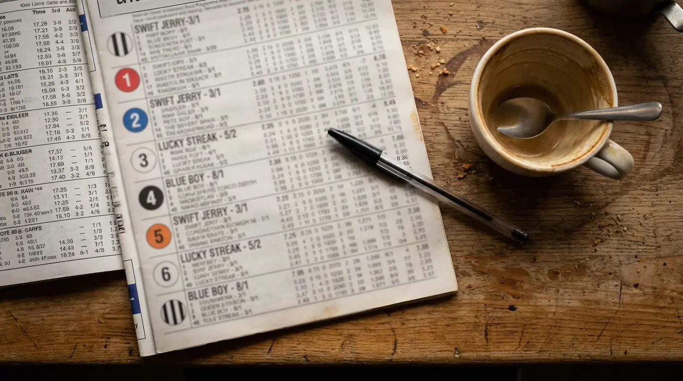 Greyhound racecard with form lines and trap numbers at a UK track meeting