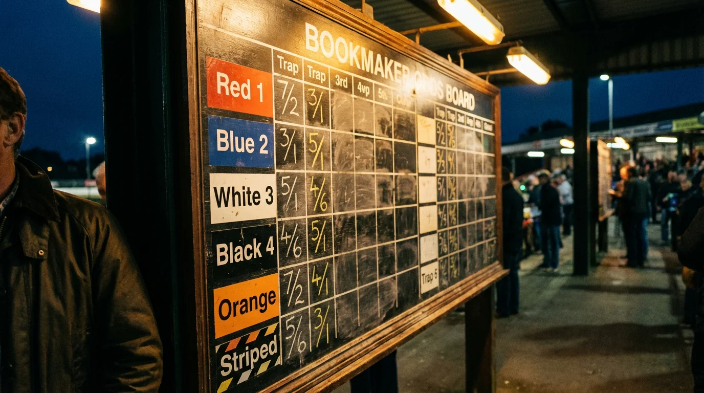 Greyhound racing odds board showing fractional prices at a UK bookmaker