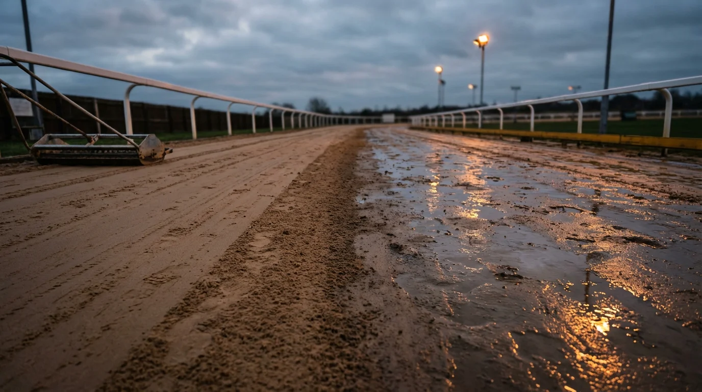 UK greyhound racing track sand surface under evening stadium lights showing wet and dry patches