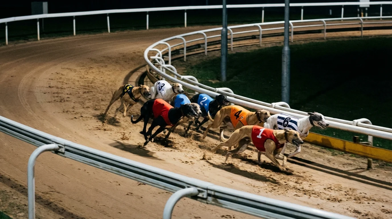 Greyhounds racing into the first bend at a UK track showing inside and outside running lines