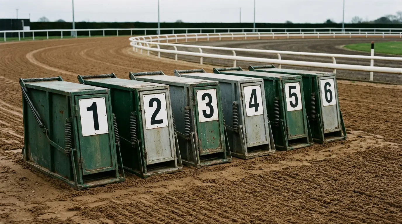 Six numbered greyhound starting traps at a UK racing stadium