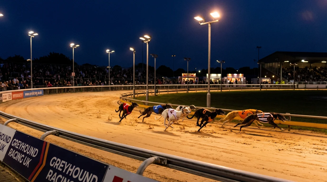 Greyhound racing at a UK stadium with dogs sprinting on a sand track under floodlights